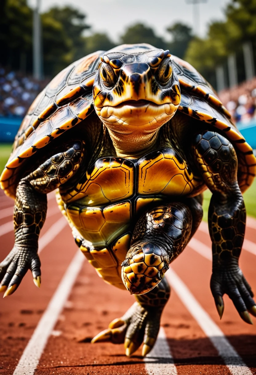 a close up shot on a ((anthmorph turtle: 1.5)) sprinter in a running lane getting ready to sprint in the Olympics, tense look, getting ready to sprint, (best detailed face: 1.3), lean muscled body, sweat beads on forehead, ((wearing athletic shirt, pants and sneakers: 1.2)), (anatomically correct: 1.4), (full body shot: 1.1) , vibrant, Ultra-high resolution, High Contrast, (masterpiece:1.5), highest quality, Best aesthetics), best details, best quality, highres, ultra wide angle, 16k, [ultra detailed], masterpiece, best quality, (extremely detailed), Cinematic Hollywood Film, Anthro... woman