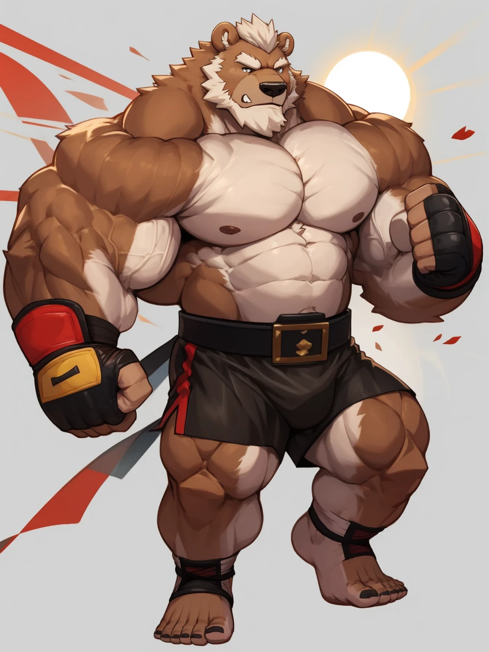 solo, 1boy, Huge Muscular Old Grizzly Bear wearing kickboxing MMA belt , thick pectoral, thick arms, huge pectoral, wide pectoral, hige brown fur, short white hair, Kickboxing MMA shorts, kickboxing MMA gloves, Kickboxing MMA Footwear 5 toes and shirtless, bearded, Kickboxing Martial Arts Cage Tournament background, masterpiece, semirealistic:1.2, high detailed, 8k, high resolution, kicking and punching