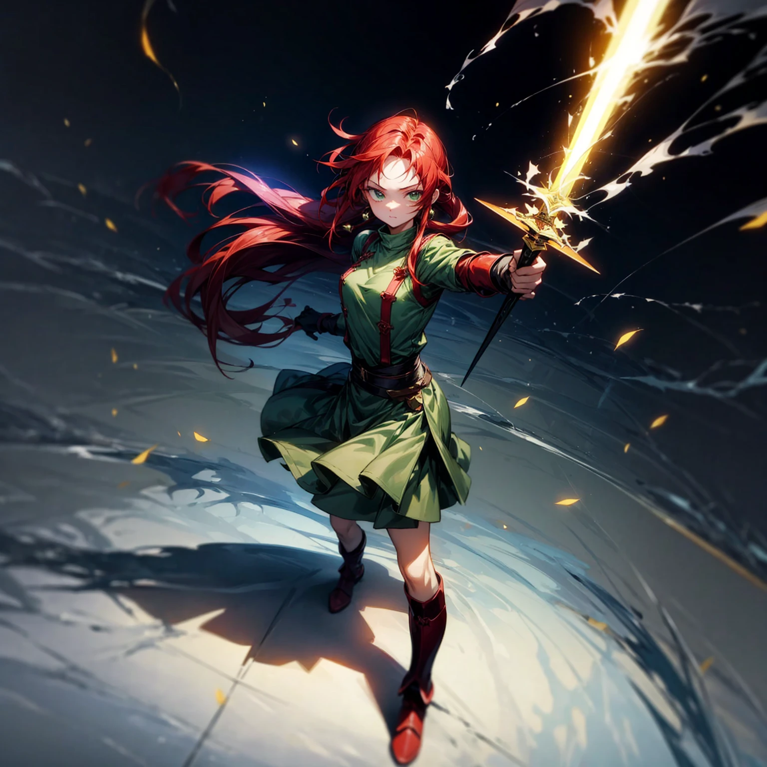 1girl, Full body version, 1character, green eyes color, long hairstyle, red colour hair, soldier style clothing, Long skirt, long socks, long boots, red earrings, two gold sword in two hand, full armors in body, full background, Grassroots, background in town, motion blur, shadow, standing gesture, sword emits a black aura, smoke, blue fire, lighting sword, lighting hologram, satan, lighting blue fire, (Hunter x Hunter style art)