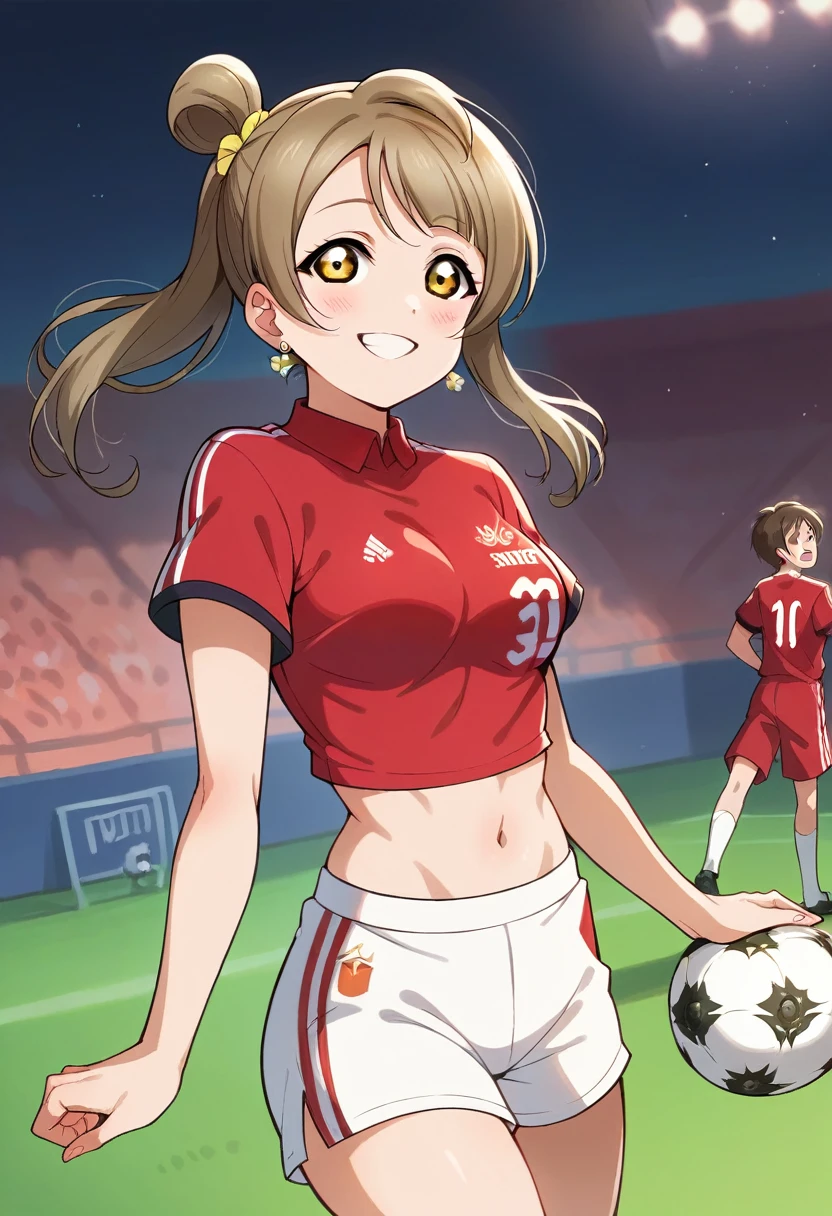 Masterpiece, best quality, kotori minami, love live style cowboy shot,1girl, smile, cropped shirt, earrings, white shorts,red sportswear, red soccer_uniform, soccer, breasts, midriff 