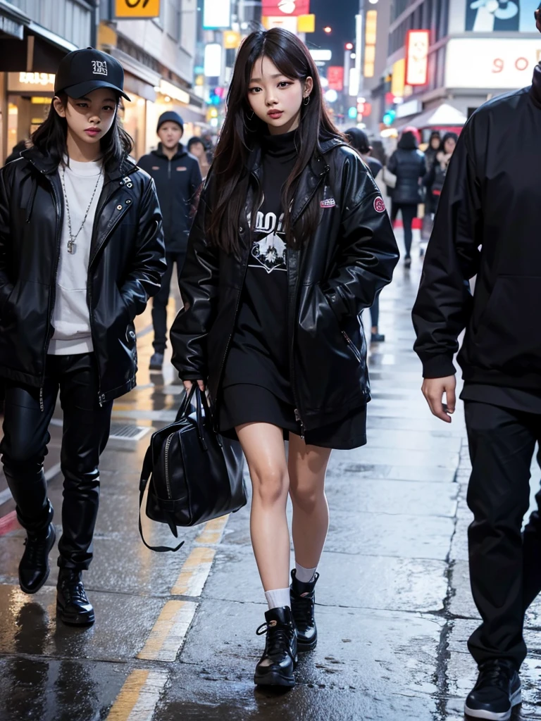 Jennie Kim, the iconic BLACKPINK rapper and singer, is in Seoul on a rainy day. Despite the downpour, she radiates confidence and style as she walks through the city's busy streets. Her black long-sleeved top matches perfectly with her transparent umbrella., creating a sleek, modern silhouette. Her black hair is wet and stuck to her face, but this only serves to enhance your natural beauty. A faint smile plays on his full lips, as she observes the world around her with an air of mystery. City lights flicker and reflect in puddles of water, creating a vibrant and lively urban setting. Focus on Jennie's face. focus on the body.