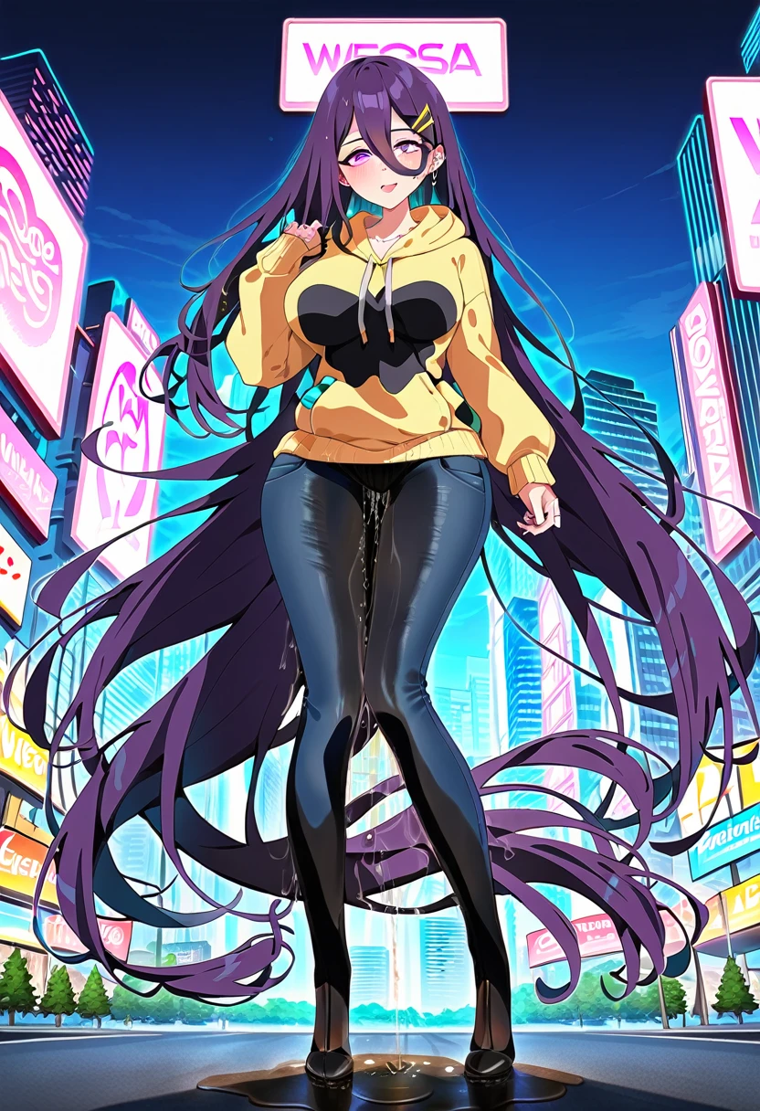 (masterpiece:1.37), best quality, (extremely detailed:1.37), woman, (very long hair:1.5), dark purple hair, purple eyes, (extremely detailed eyes:1.37), (wetting self:1.75), large breasts, stylish jacket, multicolored jackt, jeans, cleavage, navel, city, high-tech, street