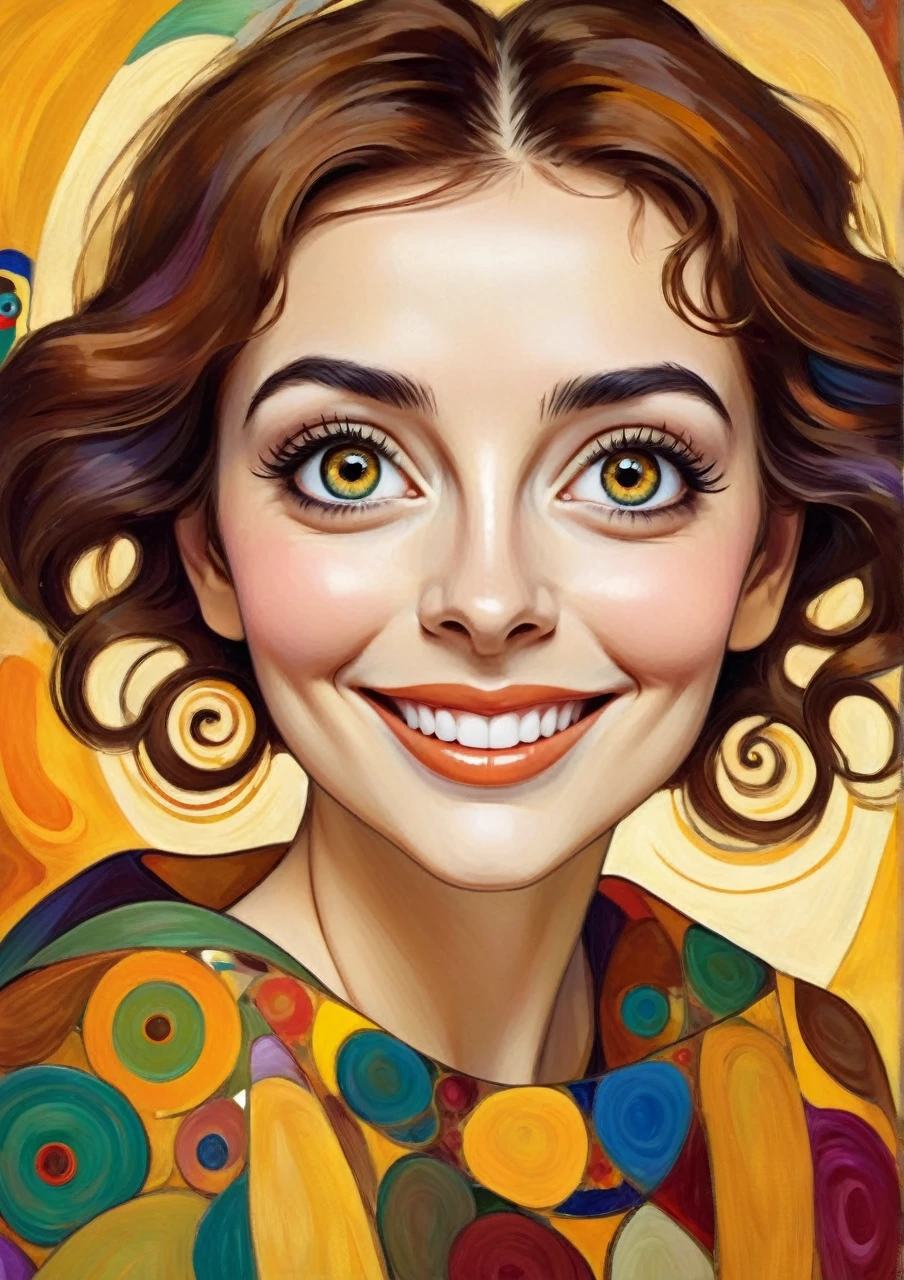 Colorful woman smiling, huge eyes, Gustav Klimt style realistic caricature proportion 