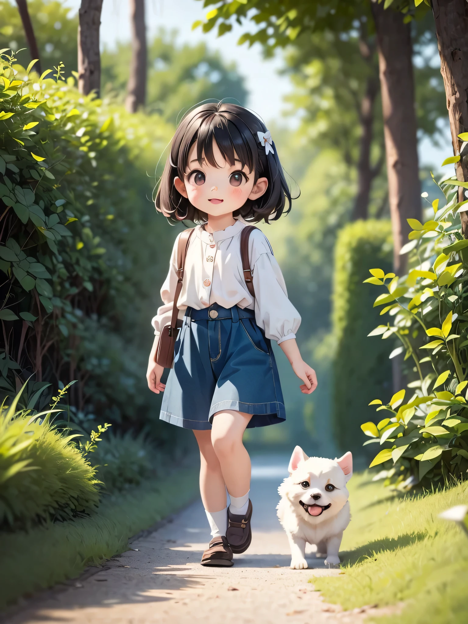 A kindergartener walking alongside a white dog that is bigger than him、girl、Sisters、