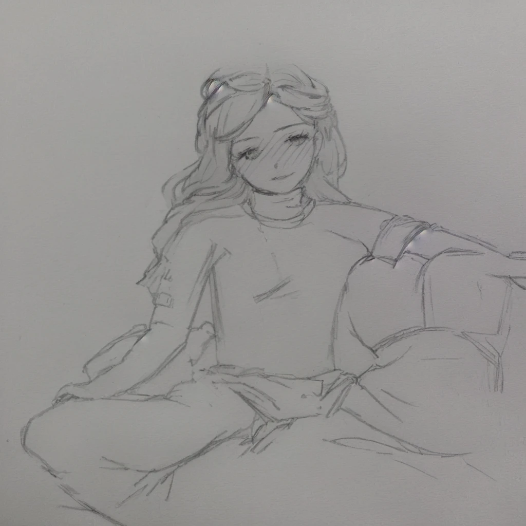 a drawing,A woman sits on the ground,Legs crossed, Sexy pudica pose gesture, perfect lineart, Simple lines of art, clean lineart, bold lineart, Line sketch, seductive reclining pose, thin line art, thoughtful pose, Sit Pose, seductive seated pose, relaxed poses, thick lineart, thinking pose, Line art!!