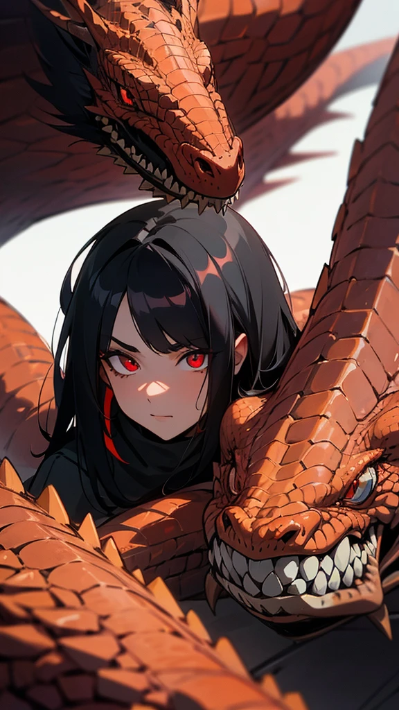 Half face of a black haired girl with red lizard eyes