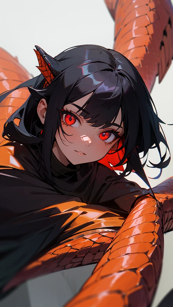 Half face of a black haired girl with red lizard eyes