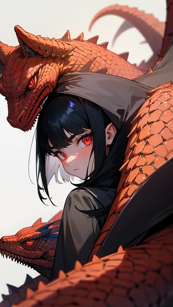 Half face of a black haired girl with red lizard eyes