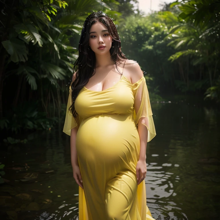 pregnant woman in yellow dress standing in water with trees in background, pregnant belly, her belly is fat and round, with yellow cloths, pregnant, beautiful yellow woman, maternal photography 4 k, pregnancy, lady using yellow dress, she has a jiggly fat round belly, gorgeous woman, highly realistic photo, gorgeous lady, belly, alluring plus sized model