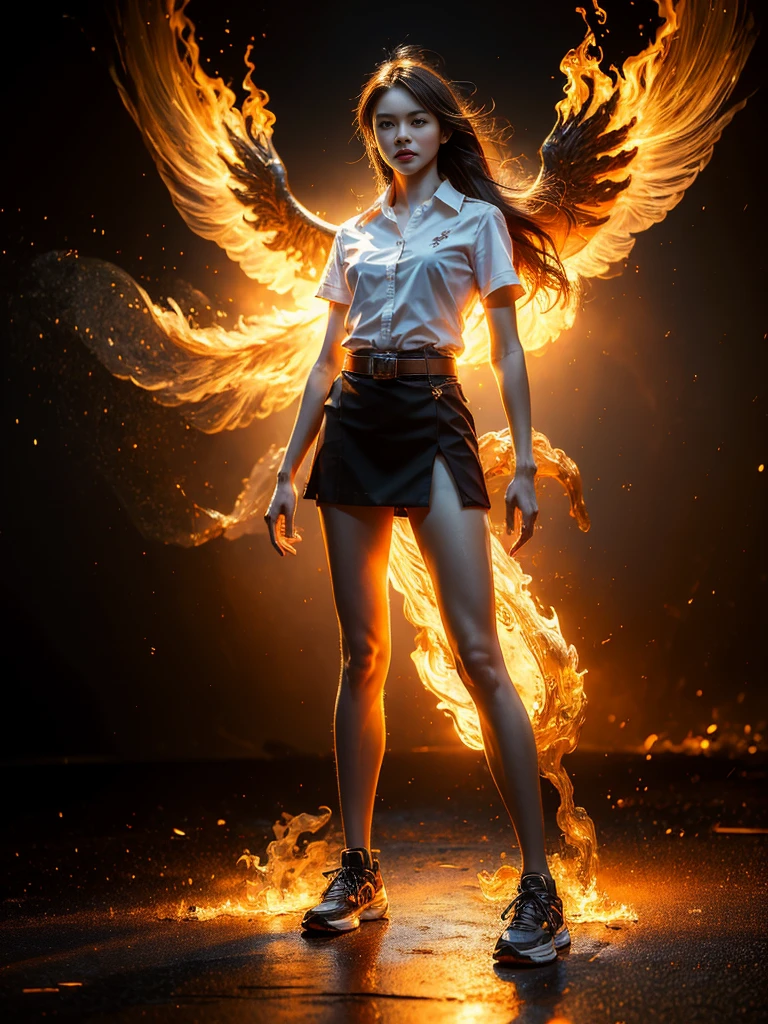 (fire element:1.2), knee shot, It consists of fire element,fire, transparency, burning, Frame print,burning hair,smoke,cloud,chopped, girl engulfed in flames, Flames fly and sparks scatter,mano burning,translucent luminescence, 18s woman in thai university uniform, long straight fire hair, white short-sleeve shirt, black tight mini skirt, brown belt, white sneakers, masterpiece:1.2, high detail, realistic, cinematic scene, fire goddess, slim and perfect figure, perfect body proportions, 16k, close up, portrait photo, dynamic powerful sexy pose, dynamic compositions