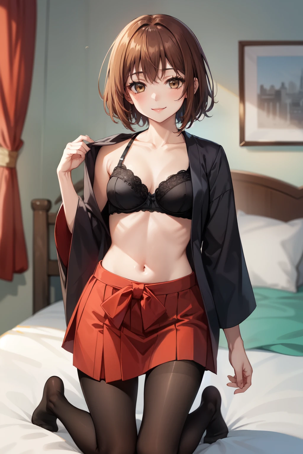 Highest quality, (masterpiece:1.2), Very detailed,
One girl, alone,
View your viewers, smile, Medium chest,
Brown eyes, Brown Hair, short hair, Open graduation hakama、pantyhose、Bedroom、Kneeling、(Black Bra)