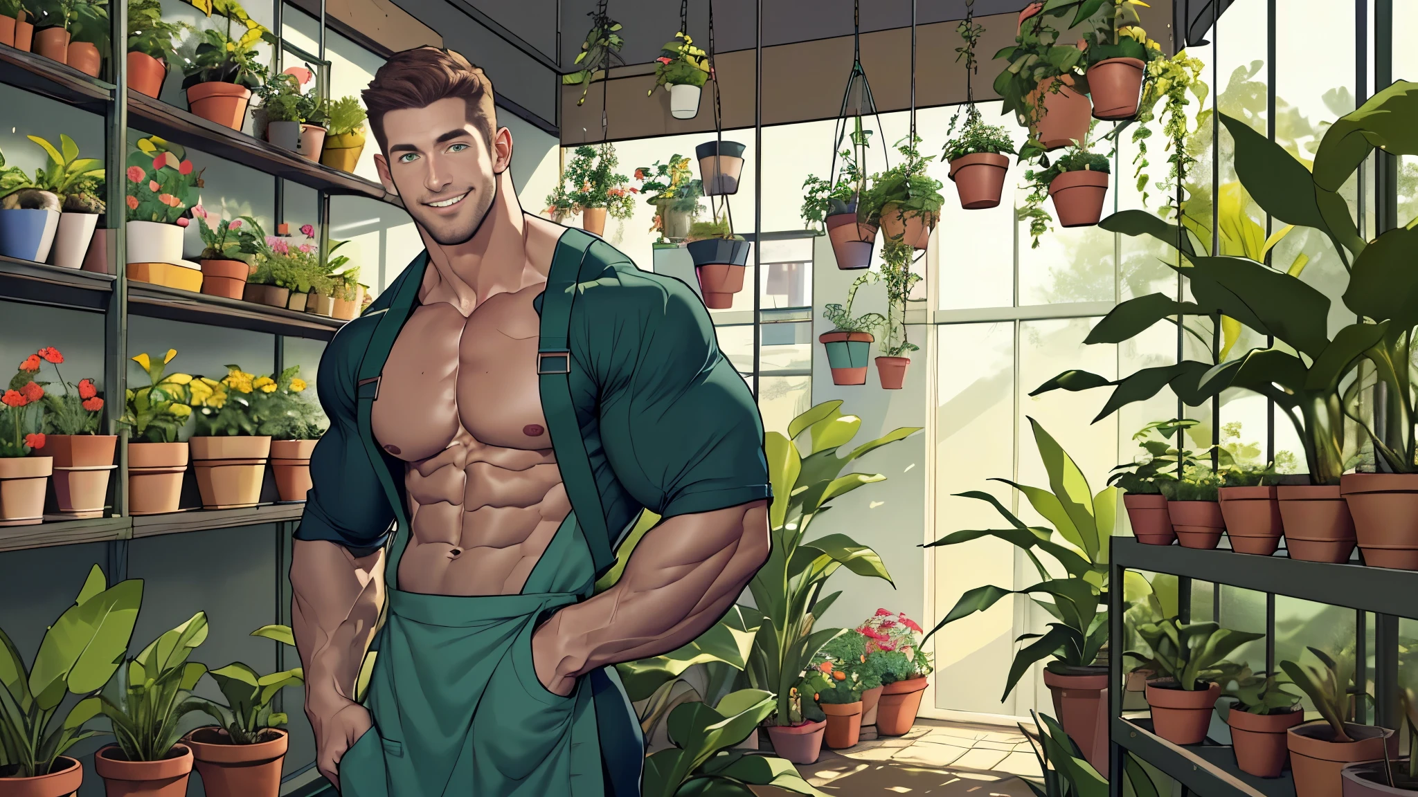 Clear background、A handsome tall man standing, He is 28 years old,Thin waist,The pectoral muscles are well developed, He is 175cm tall,Weight 62 kg、yellow-green eyes、brown hair color、short hair、Shirtless、jeans、looking into camera,Smile,Plant pots,gardening store,apron