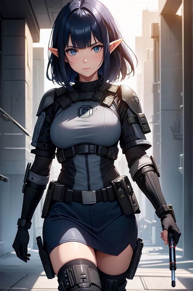 Create a high-quality image featuring an elf girl with dark navy blue hair and straight-cut bangs. She is a member of a special forces police unit, holding a lightsaber. The background should feature a city inside a dome, with a black armored vehicle beside her.
