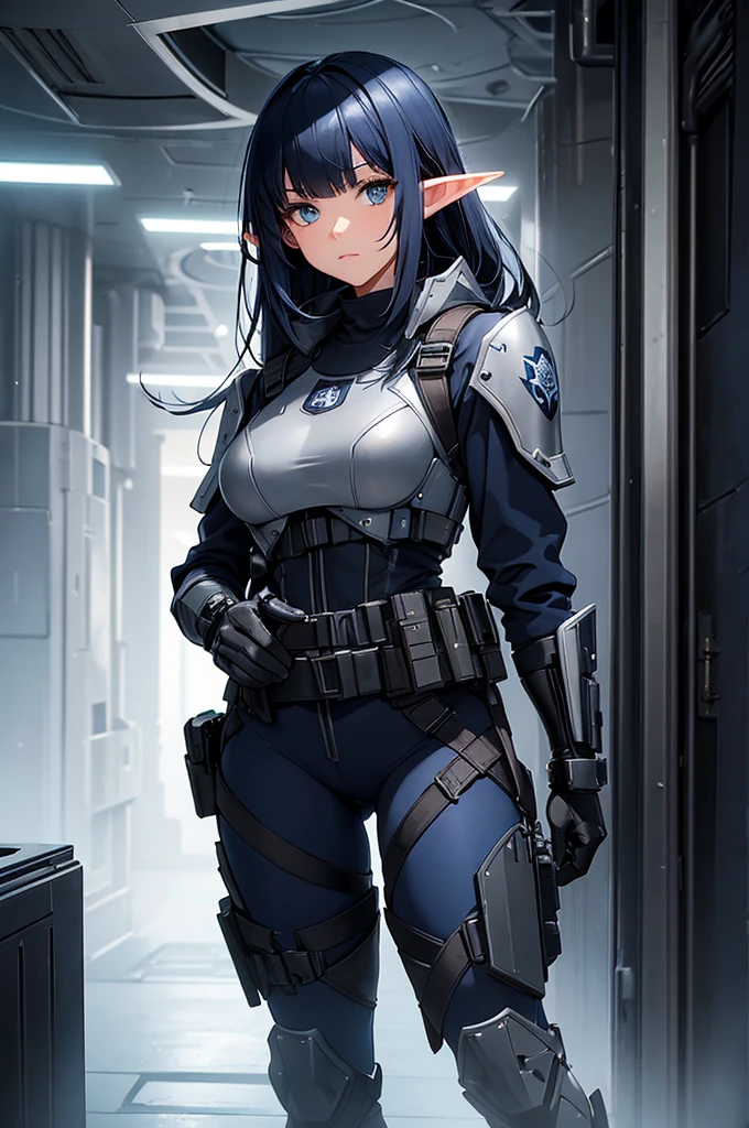 Create a high-quality image featuring an elf girl with dark navy blue hair and straight-cut bangs. She is a member of a special forces police unit, holding a lightsaber. The background should feature a city inside a dome, with a black armored vehicle beside her.