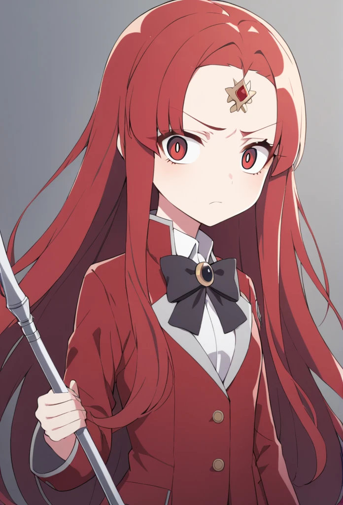 shorth hair, wavy and red, big eyes, and a serious expression. She wears a white shirt with a high collar, a black bow and a red coat. There is a small ornament on the forehead, she also holds a rapier sword 