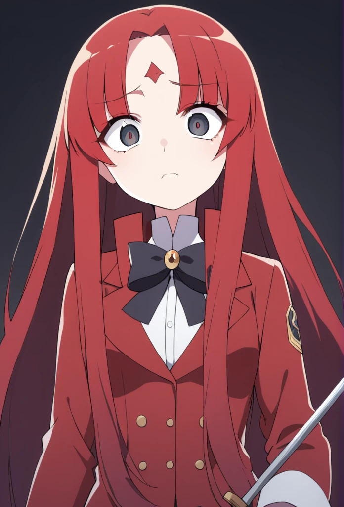 shorth hair, wavy and red, big eyes, and a serious expression. She wears a white shirt with a high collar, a black bow and a red coat. There is a small ornament on the forehead, she also holds a rapier sword 