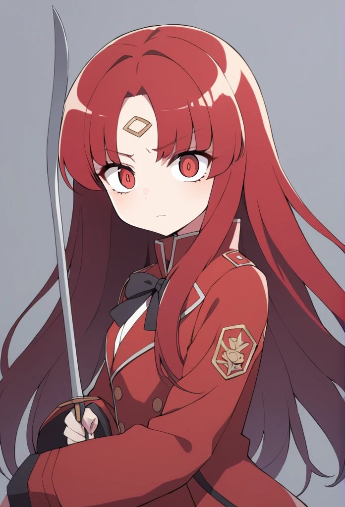 shorth hair, wavy and red, big eyes, and a serious expression. She wears a white shirt with a high collar, a black bow and a red coat. There is a small ornament on the forehead, she also holds a rapier sword 