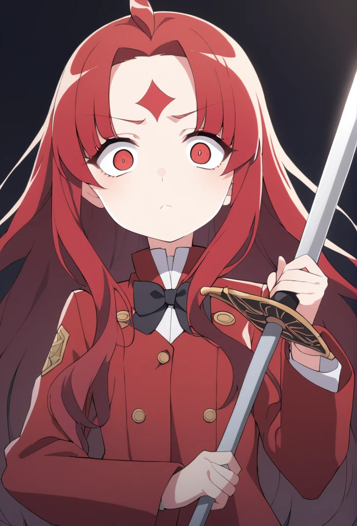 shorth hair, wavy and red, big eyes, and a serious expression. She wears a white shirt with a high collar, a black bow and a red coat. There is a small ornament on the forehead, she also holds a rapier sword 