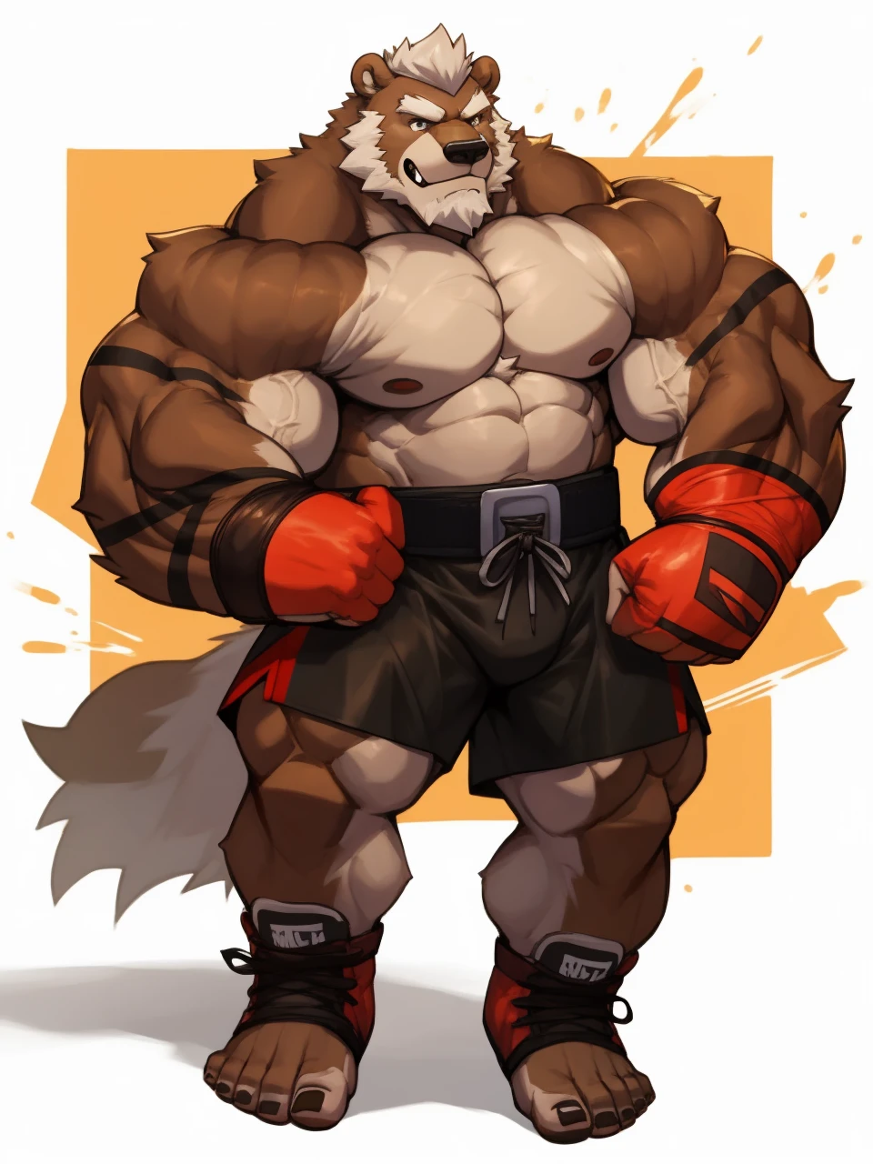 solo, 1boy, Huge Muscular Old Grizzly Bear wearing kickboxing MMA belt , thick pectoral, thick arms, huge pectoral, wide pectoral, hige brown fur, short white hair, Kickboxing MMA shorts, kickboxing MMA gloves, Kickboxing MMA Footwear 5 toes and shirtless, bearded, Kickboxing Martial Arts Cage Tournament background, masterpiece, semirealistic:1.2, high detailed, 8k, high resolution, kicking and punching