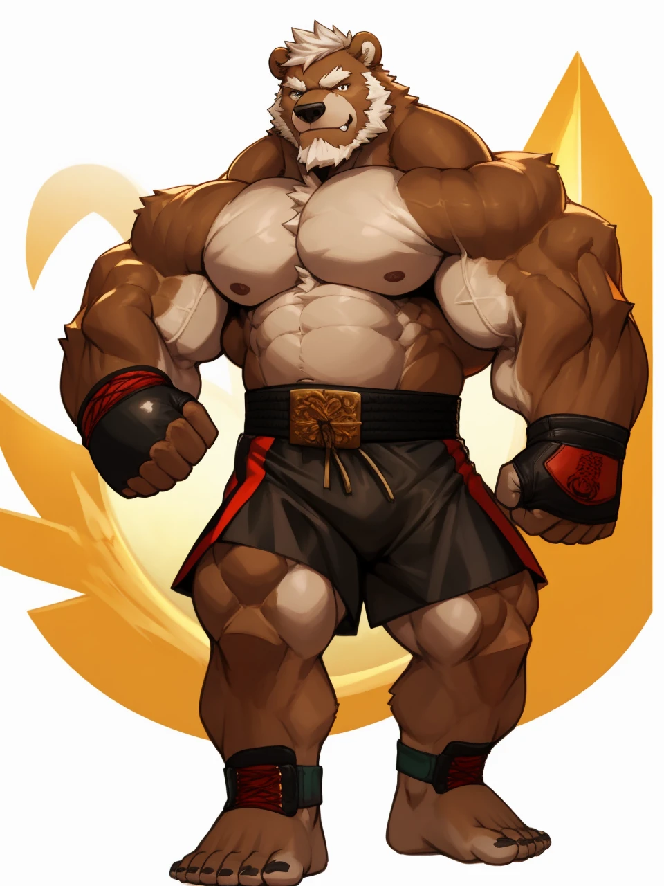 solo, 1boy, Huge Muscular Old Grizzly Bear wearing kickboxing MMA belt , thick pectoral, thick arms, huge pectoral, wide pectoral, hige brown fur, short white hair, Kickboxing MMA shorts, kickboxing MMA gloves, Kickboxing MMA Footwear 5 toes and shirtless, bearded, Kickboxing Martial Arts Cage Tournament background, masterpiece, semirealistic:1.2, high detailed, 8k, high resolution, kicking and punching