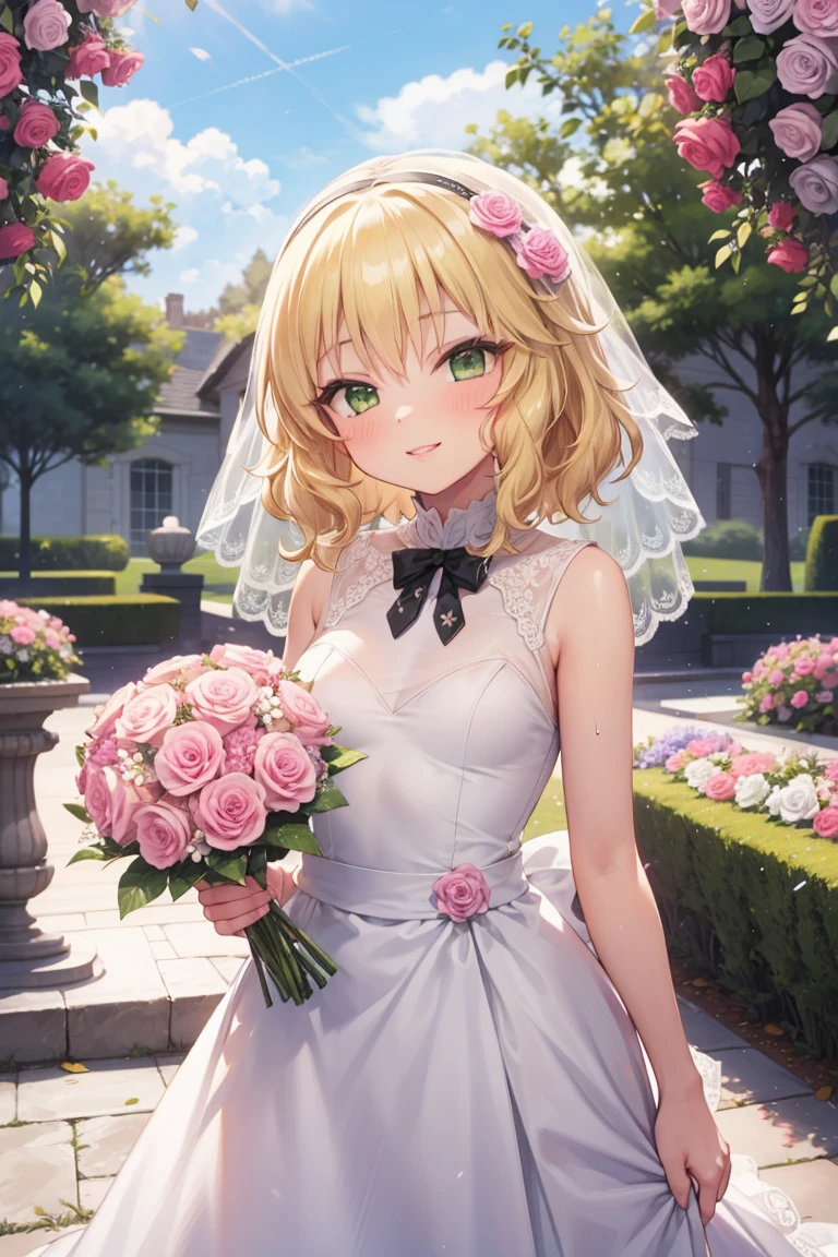 masterpiece,best quality, ultra-detailed,1girl(sakurai momoka, lovely small breasts, , blonde hair, hair bun, single hair bun,  headband, pink flower in hair,green eyes), a  face in love,  lovely smile, parted lips, nose blush, blush, facing viewer , looking at viewer, head tilt, solo,  white wedding dress, frill, veil,  bouquet grab,  in the garden, standing, Sexy waist teasing 