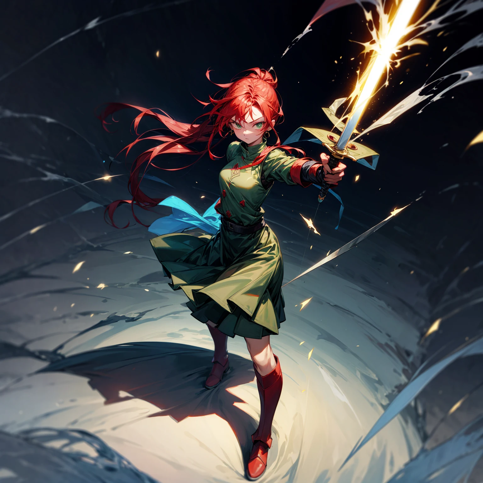 1girl, Full body version, 1character, green eyes color, long hairstyle, red colour hair, soldier style clothing, Long skirt, long socks, long boots, red earrings, two gold sword in two hand, full armors in body, full background, Grassroots, background in town, motion blur, shadow, standing gesture, sword emits a black aura, smoke, blue fire, lighting sword, lighting hologram, satan, lighting blue fire, (Hunter x Hunter style art)
