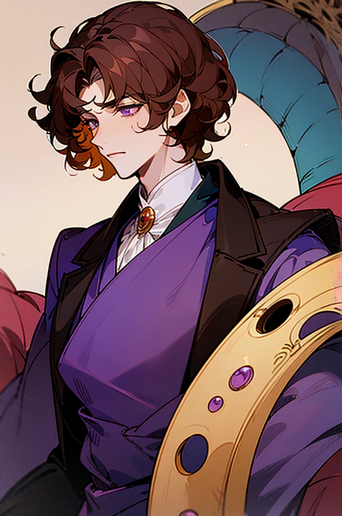 ((masterpiece)), ((one man)), man, late 40s, brown skin, pearl eyes, velvet hair, short hair, short curly hair, ((curly hair)), curly hair, tall, handsome, pretty, mature, dragon horns, purple clothes,