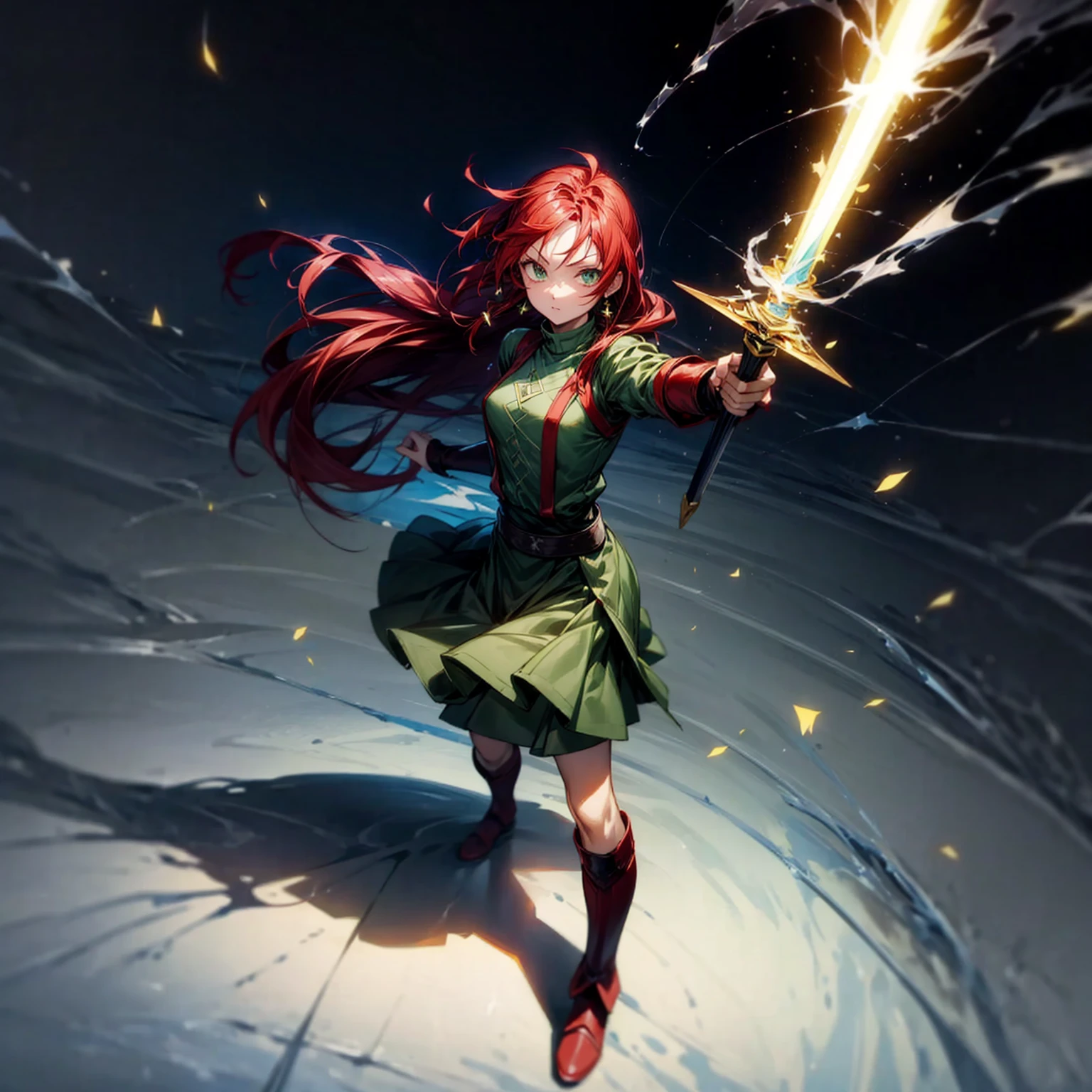 1girl, Full body version, 1character, green eyes color, long hairstyle, red colour hair, soldier style clothing, Long skirt, long socks, long boots, red earrings, two gold sword in two hand, full armors in body, full background, Grassroots, background in town, motion blur, shadow, standing gesture, sword emits a black aura, smoke, blue fire, lighting sword, lighting hologram, satan, lighting blue fire, (Hunter x Hunter style art)