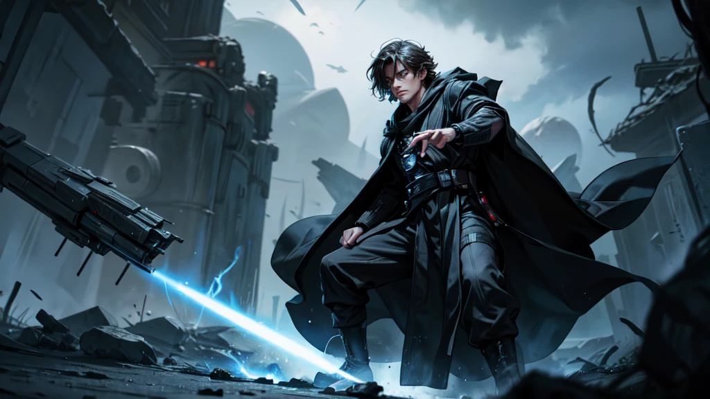 Star Wars Um Luke fighting a Sith It’s windy there’s a storm in black robes, detailed, face, detailed eyes, detailed hands, full body
