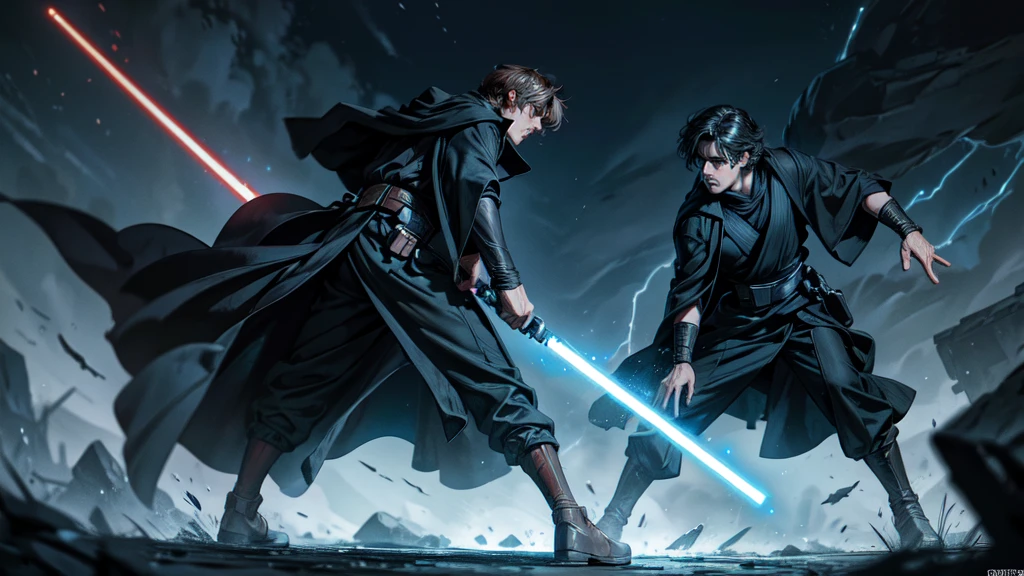 Star Wars Um Luke fighting a Sith It’s windy there’s a storm in black robes, detailed, face, detailed eyes, detailed hands, full body