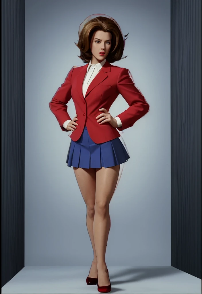 Make a anime black skinned business woman in a red skirt suit