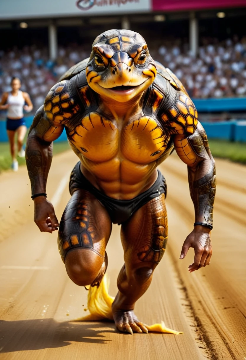 a close up shot on a ((anthmorph turtle: 1.5)) sprinter in a running lane getting ready to sprint in the Olympics, tense look, getting ready to sprint, (best detailed face: 1.3), lean muscled body, sweat beads on forehead, (wearing athletic shirt, pants and sneakers: 1.2), (anatomically correct: 1.4), (full body shot: 1.1) , vibrant, Ultra-high resolution, High Contrast, (masterpiece:1.5), highest quality, Best aesthetics), best details, best quality, highres, ultra wide angle, 16k, [ultra detailed], masterpiece, best quality, (extremely detailed), Cinematic Hollywood Film, Anthro... woman