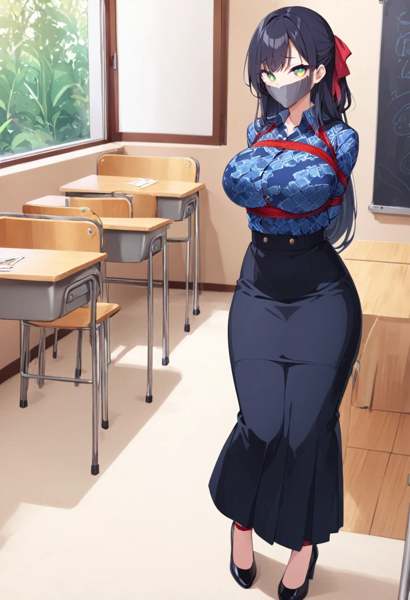 score_9, score_8_up, source_anime, 1girl, solo, long hair,black hair, hair ribbon, green eyes,high-waist skirt, The uniform features a vibrant, blue batik patterned shirt with long sleeves. A simple black belt cinches the waist.,long skirt, blue navy skirt,, long sleeves, , standing, indoors, classroom,school, shoes, (bound wirsts), (arms behind back), (tapegag, tape gag), dramatic, (looking at viewer), (detailed pupils:1.3),pencil skirt,big breast ,red rope, thick rope
