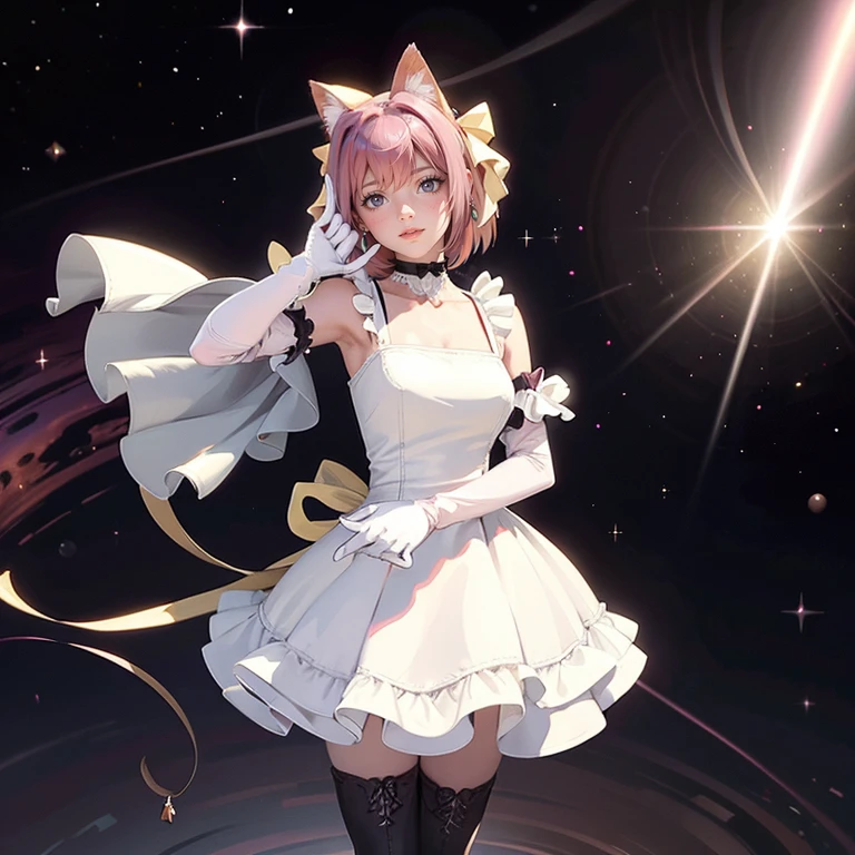 1girl, white maid dress, jewelry, pink hair, flowing hair, short hair, maid dress with a short skirt and layers, white laces, white boots, white dress with transparency, gold details on her clothes, cat ears, animal ears,  more details, perfectly body, perfectly hands, two hands, two legs, two arms, five fingers, glowing hair, best quality, idol, holding a microphone, tail ornament, tail bow, white gloves, two cat tail, white gloves, alone, maid headdress, choker, detached sleeves, maid dress, maid white dress, masterpiece, best quality, detailed face, night, asymmetrical gloves, bangs, white short skirt , white gloves, white boots, earrings, elbow gloves, fishnet thigh highs, fish masterpiece, solo, best quality, detailed face, gloves, hair between eyes, jewelry, long hair, looking at viewer, single earring, sky, solo, thigh boots, thigh highs, uneven gloves, idol, solo, alone, Looking at the viewer, More details on the clothes, magenta roses on her hair, space scenery, maid, maid dress, magenta details, magenta roses, maid headdress, maid apron, wave hair, long hair, seat on the Saturn rings, bats details on her clothes, more details on her clothes, gold details on her clothes, space, smiling, standing her hand to a viewer, looking at the viewer, in the background a several asteroids glowing with fiery auras, Dramatic lighting from distant stars and planets illuminates the scene, looking at the vast and mysterious universe, cowboy shot, upper body portrait, more details, sparkle,