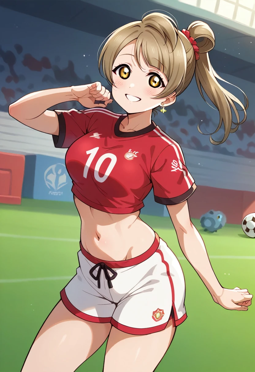 Masterpiece, best quality, kotori minami, love live style cowboy shot,1girl, smile, cropped shirt, earrings, white shorts,red sportswear, red soccer_uniform, soccer, breasts, midriff ,side slit, crotch