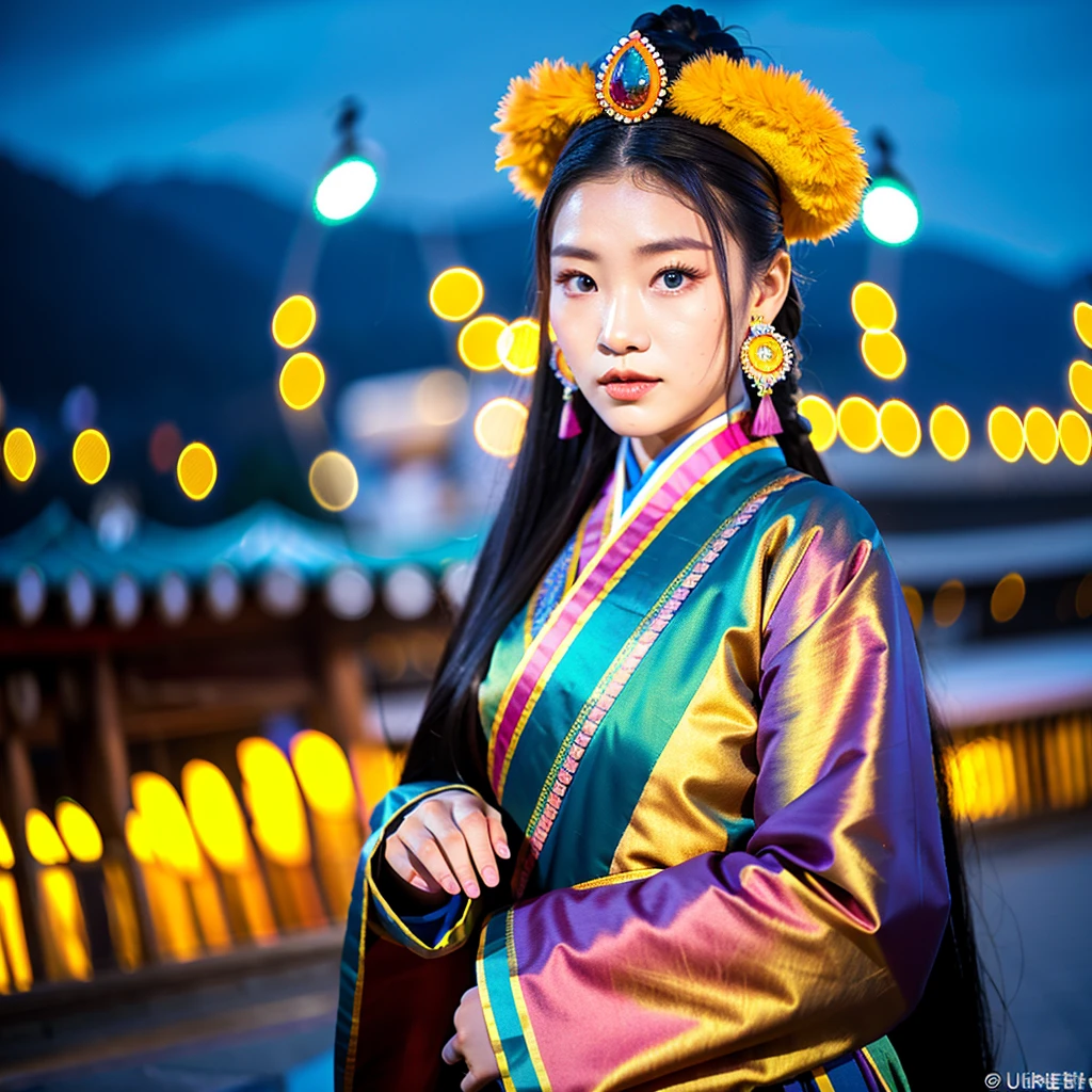 ((best quality)), ((masterpiece)), (detailed), 1 Beauty, Portraiture ，Character leaning to the right，Mongolian national costume，Background Ulaanbaatar，Blurred Background，night