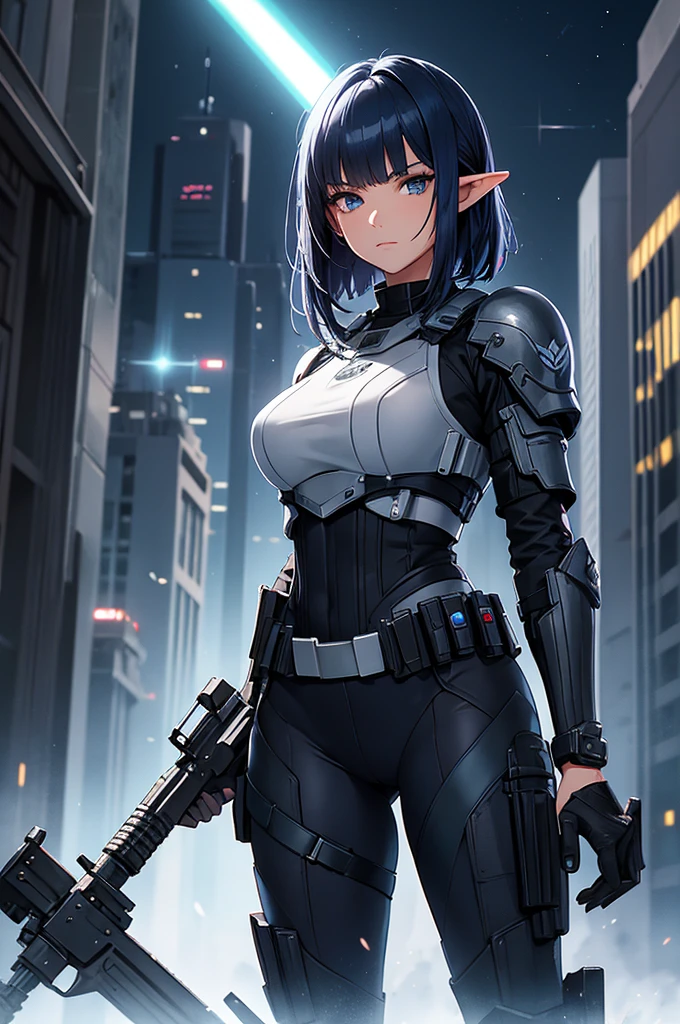Create high quality images featuring an elf girl with dark navy blue hair and straight bangs. She is a member of the police special forces., Belly button sticking out。Have a lightsaber. The background must depict a city inside a dome, Next to her is a black armored vehicle