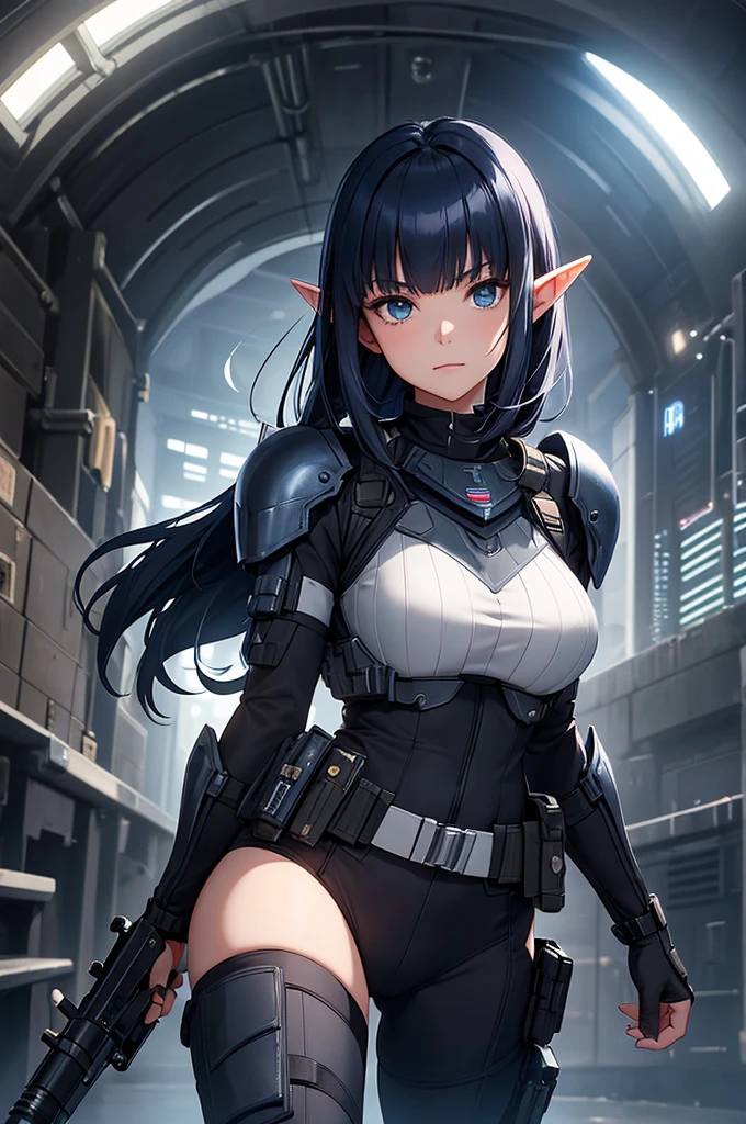 Create a high-quality image featuring an elf girl with dark navy blue hair and straight-cut bangs. She is a member of a special forces police unit, holding a lightsaber. The background should feature a city inside a dome, with a black armored vehicle beside her. 