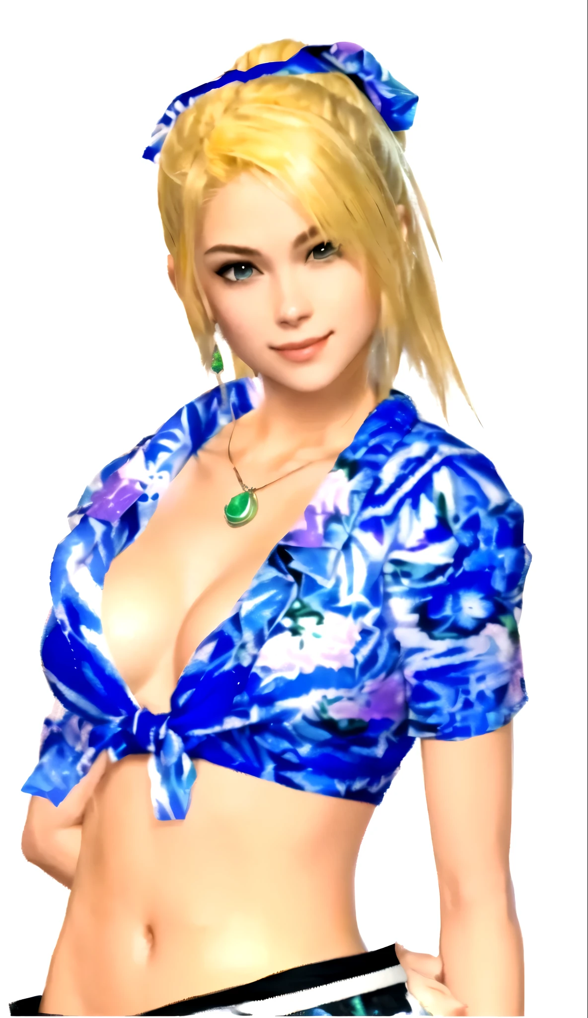 a close up of a blonde girl with a shirt on and BOTH forearms behind her back, she's European, as a character in Out Run 2, of SEGA, 3D CG, Clarissa, 2k, 2 k, she has a golden necklace with a jade stone, she is smiling only with eyes, mouth is closed. realistic, render of april, fighting game character, nina from tekken, shirt has some hawaiaan motif on it, she has a foulard tied over her head like a ribbon, she wears no bra
