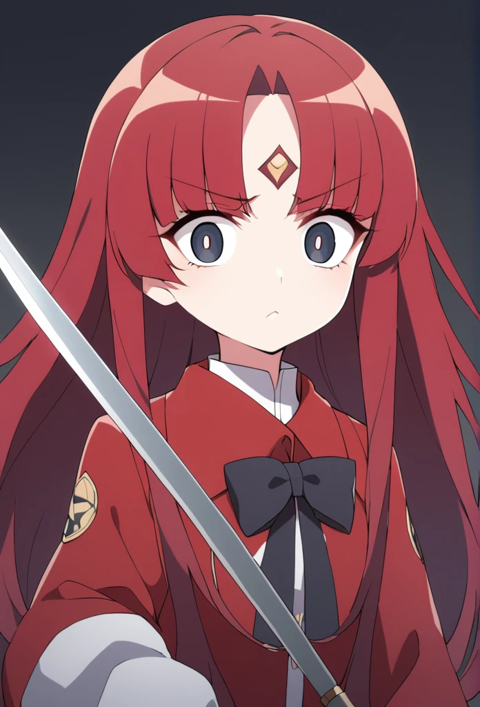 shorth hair, wavy and red, big eyes, and a serious expression. She wears a white shirt with a high collar, a black bow and a red coat. There is a small ornament on the forehead, she also holds a rapier sword 