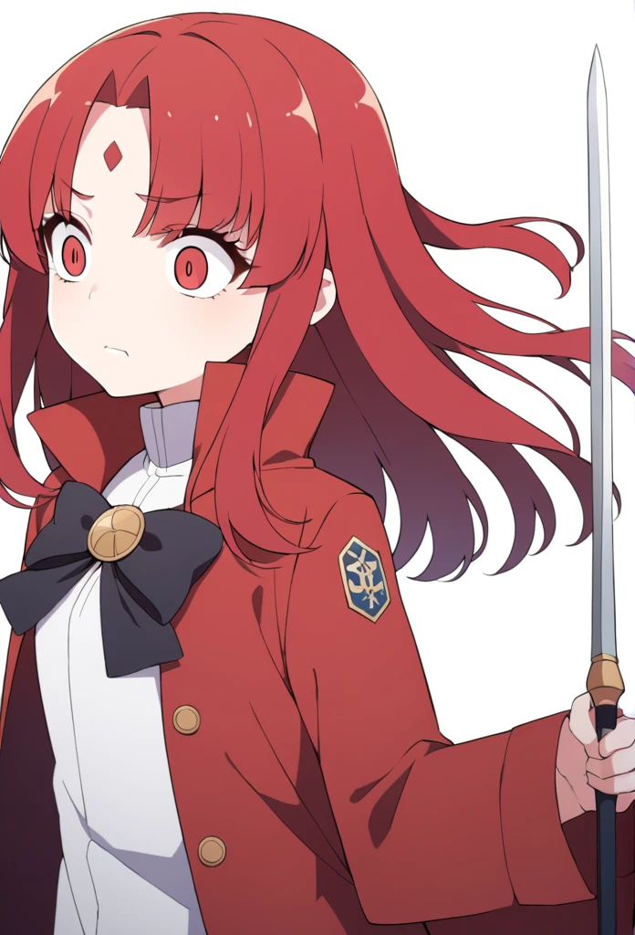 shorth hair, wavy and red, big eyes, and a serious expression. She wears a white shirt with a high collar, a black bow and a red coat. There is a small ornament on the forehead, she also holds a rapier sword 