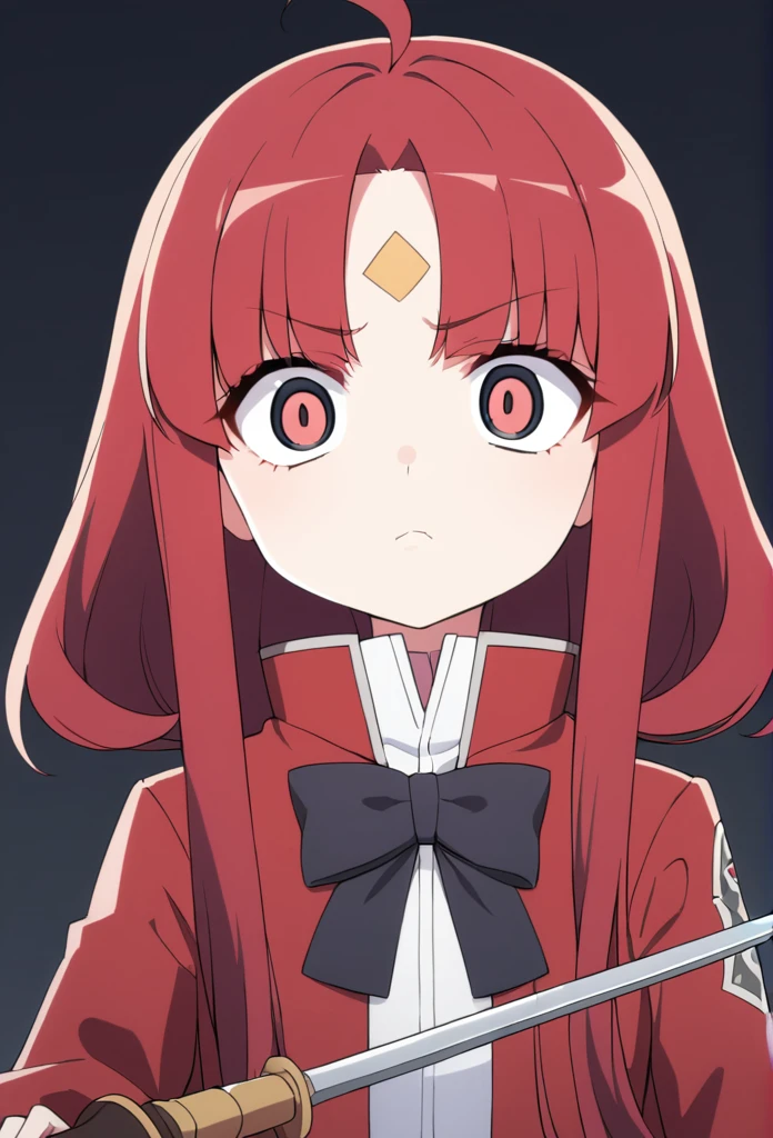 shorth hair, wavy and red, big eyes, and a serious expression. She wears a white shirt with a high collar, a black bow and a red coat. There is a small ornament on the forehead, she also holds a rapier sword 