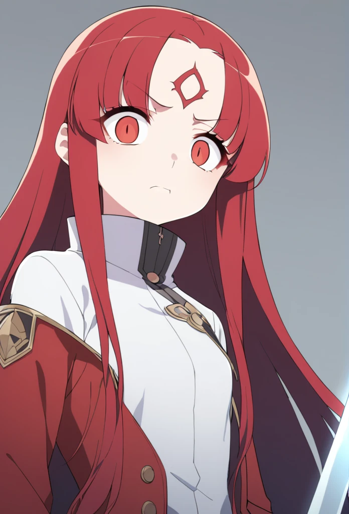 shorth hair, wavy and red, big eyes, and a serious expression. She wears a white shirt with a high collar, a black bow and a red coat. There is a small ornament on the forehead, she also holds a rapier sword 