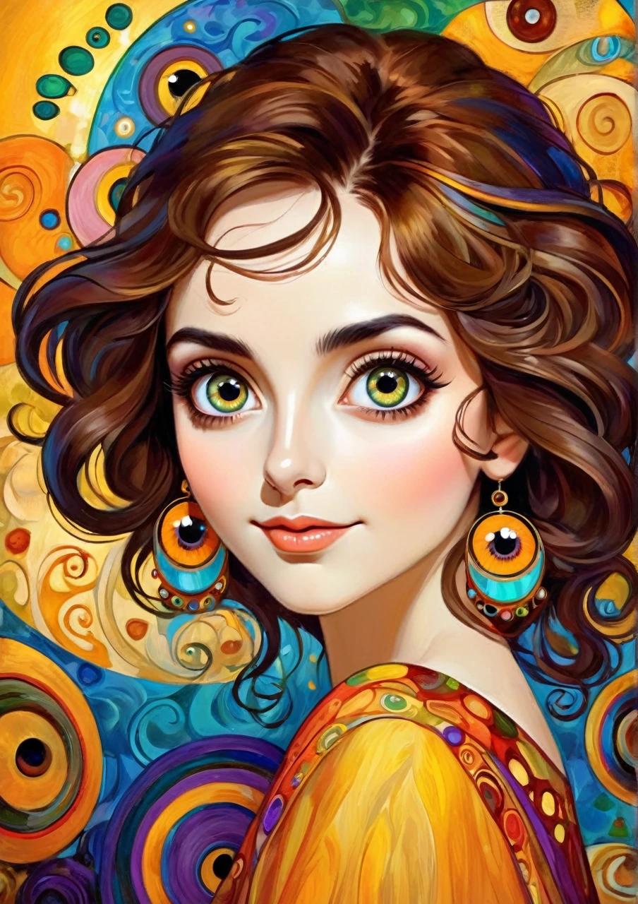 Happy colorful woman huge eyes, realistic cartoon proportion, wow of art, attractive,estilo Gustav Klimt