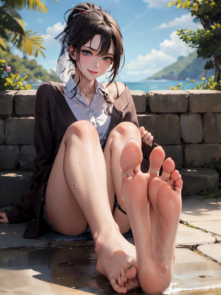 (master part:1.2, best quality), (imagem real, detalhes intrincados), 1lady, , solo, sitting, showing legs, showing feet,showing solo,middle hair,high ponytail,minimal makeup, tecidos naturais,face close-up,smile, cara travessa,white stockings, feet on camera,black hair, claros, franja, franja na testa,blue eyes,cardigan, saia plissada,middle breast,mature body, face madura, detailed face, correct anatomy of the foot, anatomy of the feet, sexy foot,sweaty,water drops, feet pointing at the viewer, walk away, detailed feets, correct anatomy of the foot,ballbusting