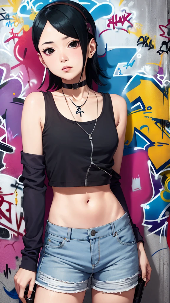 masterpiece, best quality, 1girl, solo, crop top, denim shorts, choker, (graffiti:1.5), arms behind back, against wall, looking at viewer, armband, thigh strap, head tilt, bored, black hair, Black eyes, headset, Sarada Uchiha.