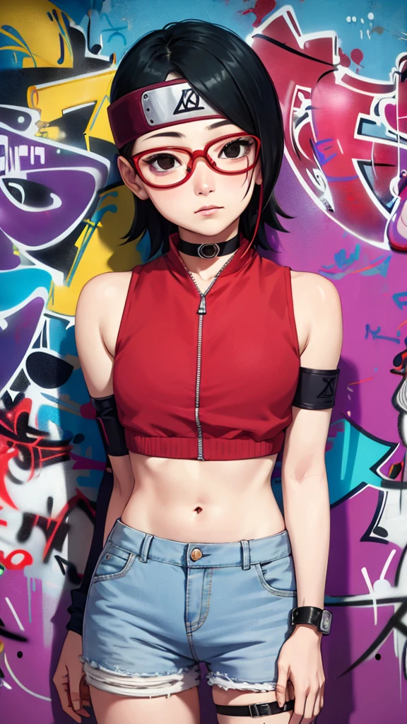 1girl, solo, black hair, short hair, Red eyes, frameless glasses. In a Red tube Top// High waisted shorts, closeup shot,, detailed art. Curved hips, Thick thighs,, bare shoulders, scary basement background,, facing viewer, hands on hips, shiny hair, sexy hips. Dark pink painted lips, wet skin, (extremely detailed face), behind, 8K resolution, super detailed, high quality,, heart shaped lips. K-pop pose