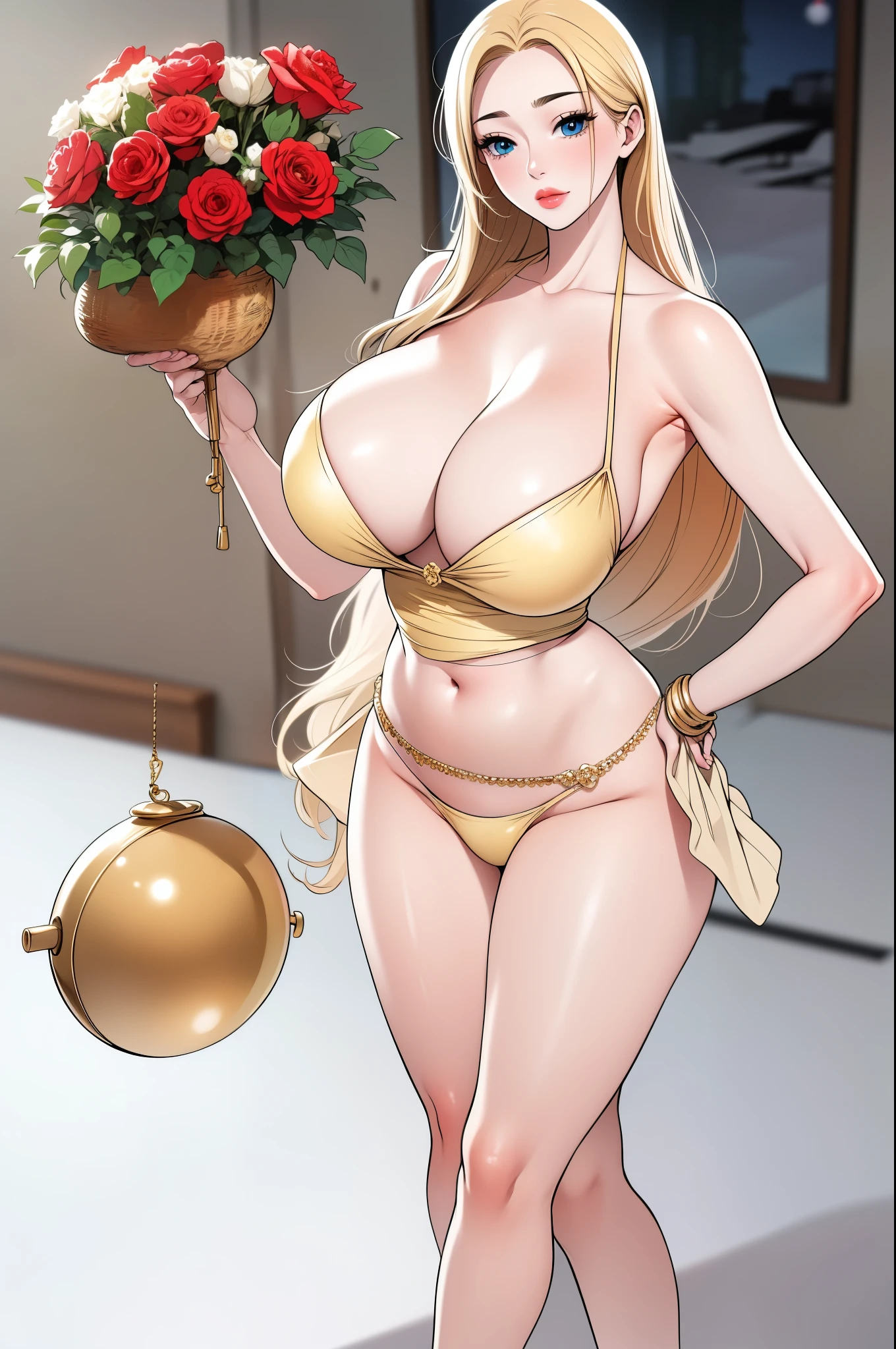 An extremely beautiful stunning woman with a perfect busty body, gold blonde long silky hair, big blue eyes, extremely super bright snow white fair stunning flawless glowing lush shiny flawless white skin, a perfect tight hourglass figure, and a skinny waist, sexy thick smooth luscious legs and thighs, extremely cute smile on the face, bright pink blushes on cheeks, wearing a short sexy tight revealing white bikini with threads, yellow heels, gold necklace on the neck, gold anklets on feet, gold chain on the waist, standing straight, holding a red roses bouquet, beach in the background, show full body from head to feet.