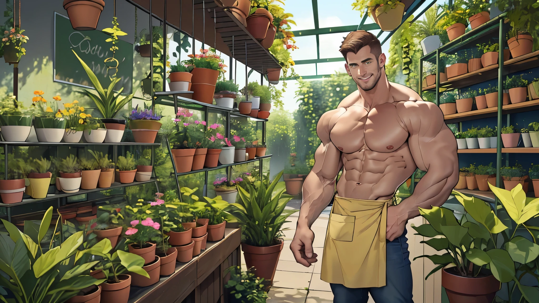 Clear background、A handsome tall man standing, He is 28 years old,Thin waist,The pectoral muscles are well developed, He is 175cm tall,Weight 62 kg、yellow-green eyes、brown hair color、short hair、Shirtless、jeans、looking into camera,Smile,Plant pots,gardening store,apron