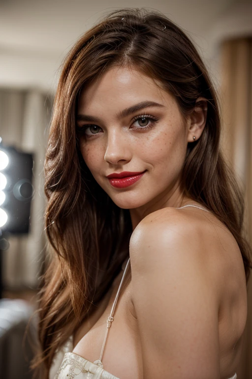 Masterpiece, high quality, full detailed, !(beautiful girl smiling), !(She has long, 16k, HDR, RTX, photorealistic, 1 beautiful redhead woman with small freckles on her cheeks, cute, lips, red lipstick, long hair, looking at viewer, makeup, nose, realistic, (completely body), redhead woman with freckles, raw photo,studio_shot,uhd, dslr, soft lighting, high quality, film grain, cute, lips, long hair, looking at viewer, makeup, nose, realistic, (complete body), raw photo, studio_shot, soft lighting, high quality, film grain. 20 Jahre alt, sexy,charming woman with a touch of elegance,Feminino,Saboroso,sedutor,atitude poderosa,Cabelos longos lustrosos,belos olhos detalhados,sorriso sedutor,Roupa elegante,pose sofisticada,postura graciosa,fundo elegante,soft lighting,high-resolution,master part:1.2,vivid colors,fotografia de retrato"